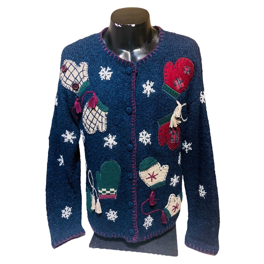 Christmas Cardigan Vintage Silk Blend Knitted By Hand Size M Women - Snow Flakes